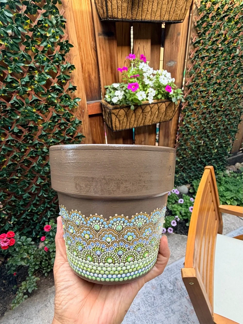 Hand Painted Portuguese Terracotta Planter - Dot Mandala Art